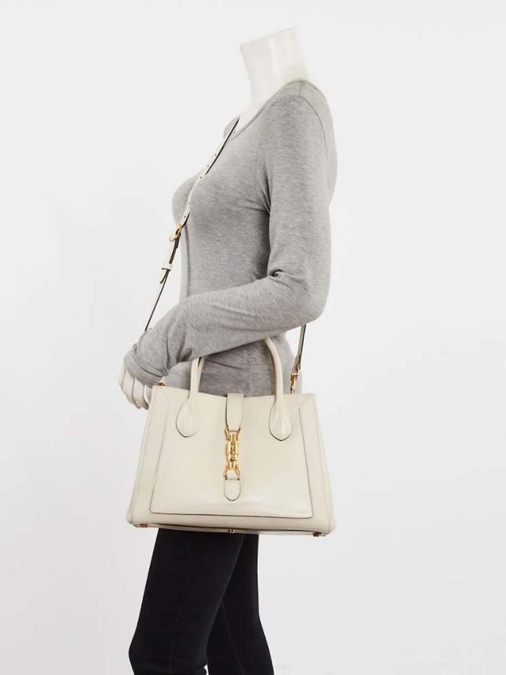Gucci White Smooth Calfskin Leather 1961 Medium Tote Bag